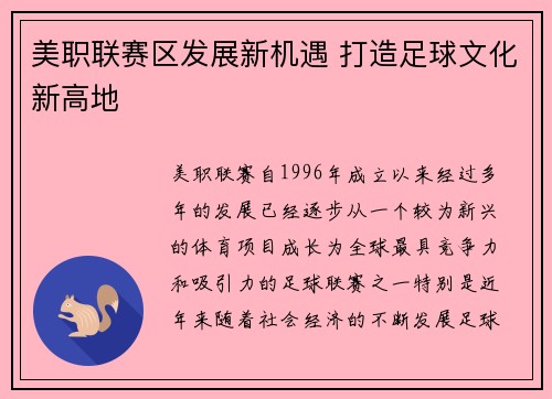 美职联赛区发展新机遇 打造足球文化新高地