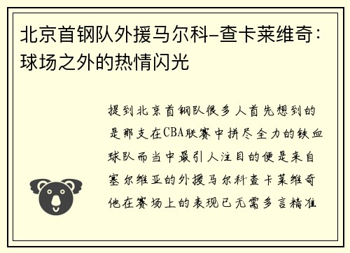 北京首钢队外援马尔科-查卡莱维奇：球场之外的热情闪光