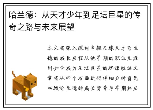 哈兰德：从天才少年到足坛巨星的传奇之路与未来展望