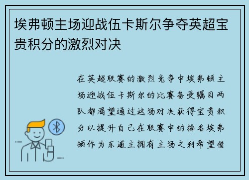 埃弗顿主场迎战伍卡斯尔争夺英超宝贵积分的激烈对决