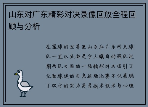 山东对广东精彩对决录像回放全程回顾与分析